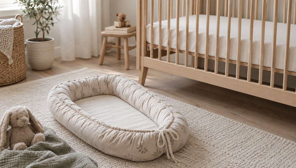 Babynest på golvet bredvid en spjälsäng