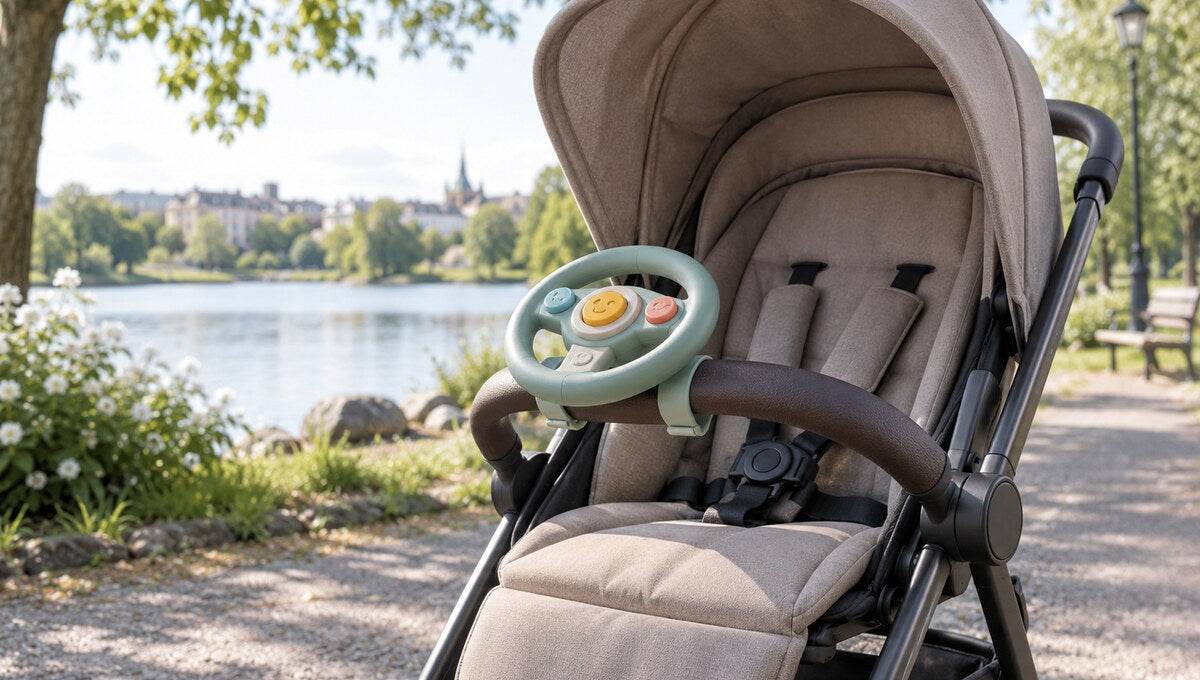 Leksaksratt monterad på en barnvagn