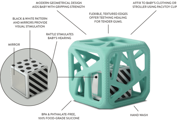 Malarkey Kids Sensorisk bitleksak/skallra Chew Cube Rosa