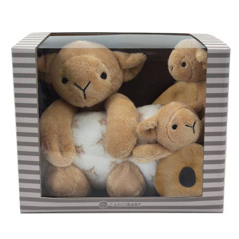 Carlo Baby Presentset med brunt lamm, snutte & skallra