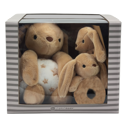 Carlo Baby Presentset med brun kanin, snutte & skallra