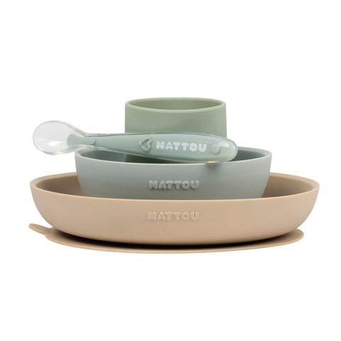 Nattou Matset i silikon Grön/beige (4-pack)