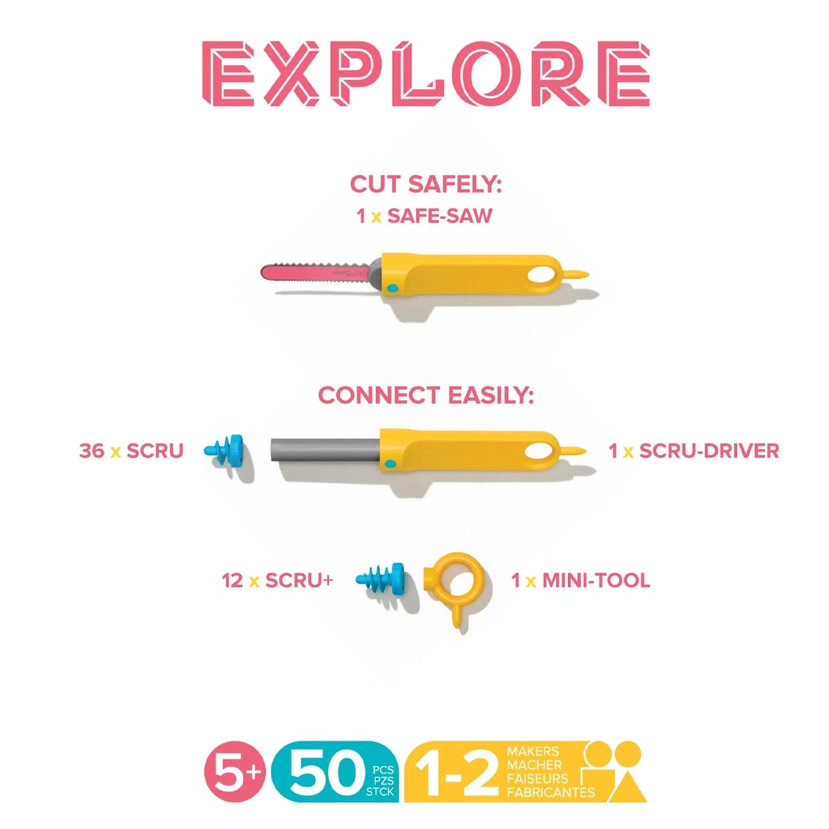 Makedo Byggsats Explore V2 – Verktyg för kartongbygge (50 delar)