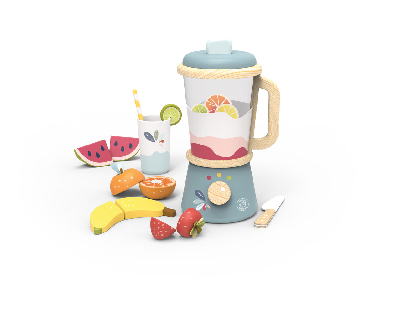 Speedy Monkey Leksaksmixer i trä med glas och frukter