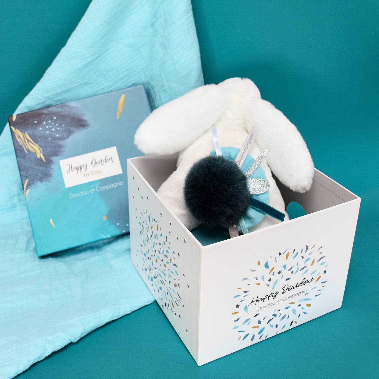 Doudou Et Compagnie Presentlåda Happy Pop Pompom Bunny Peacock Blue