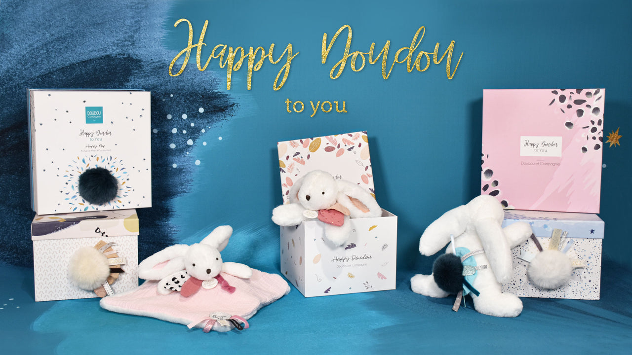 Doudou Et Compagnie Presentlåda Happy Pop Pompom Bunny Peacock Blue