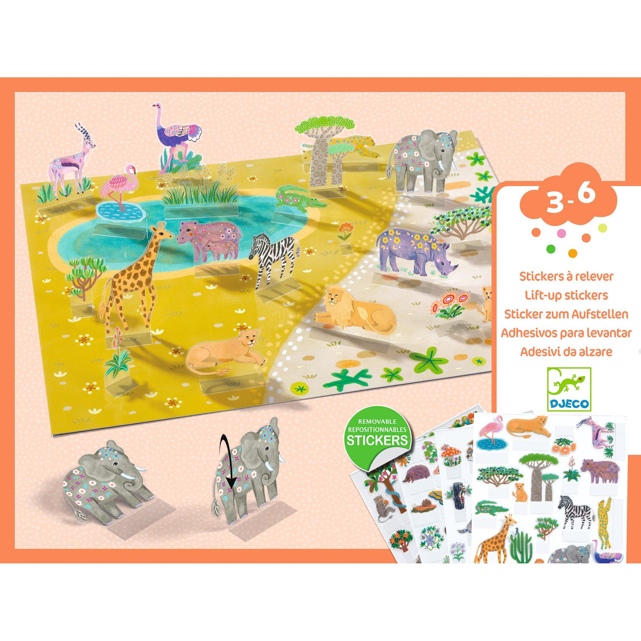 Djeco Återanvändbara klistermärken Lift-Up Stickers Animals (80st)