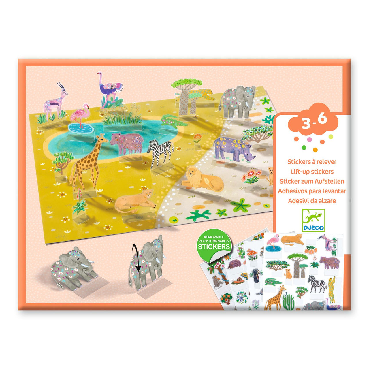 Djeco Återanvändbara klistermärken Lift-Up Stickers Animals (80st)