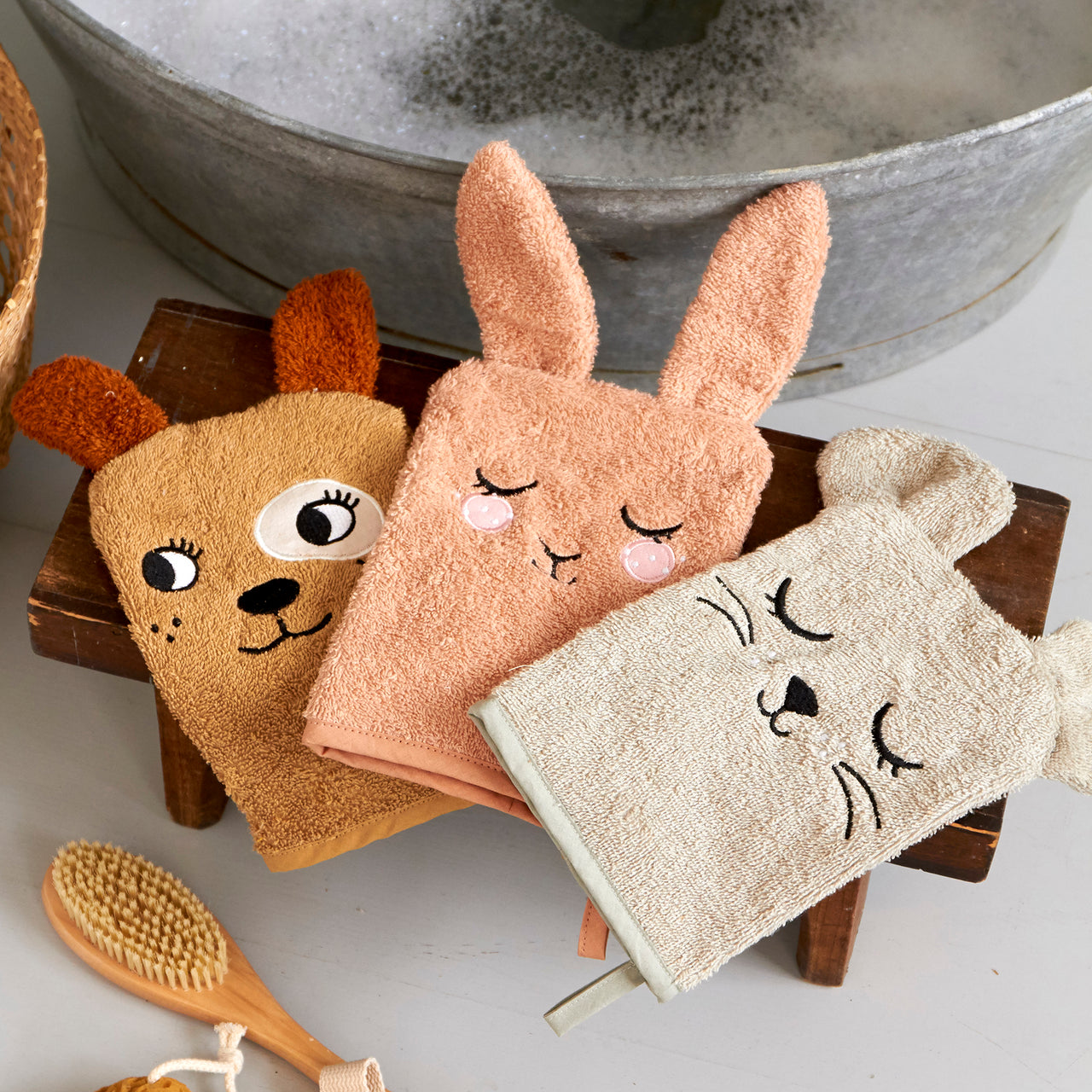 Tvättvantar Kanin, Mus & Hund, 3-pack