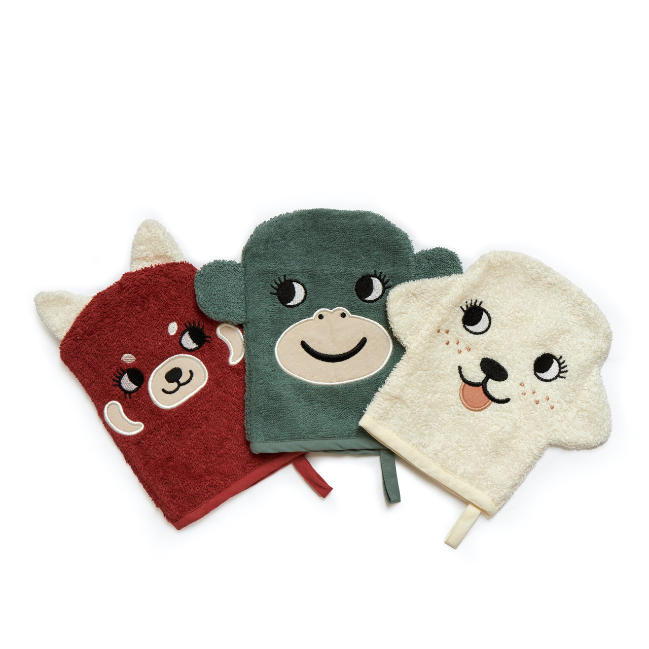 Tvättvantar Apa, Hund & Röd panda, 3-pack
