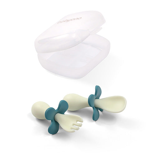Babyono Ergonomisk Sked & Gaffel Blå/Vit